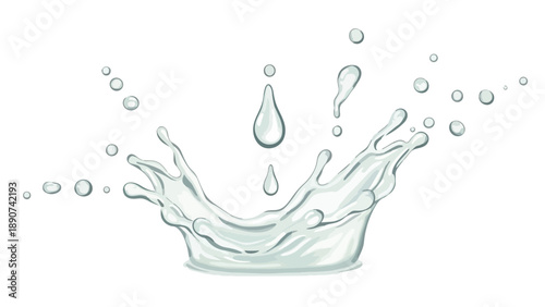 Dynamic liquid movement, transparent water splash illustration with ascending droplets and vibrant motion, depicting freshness and pure hydratation