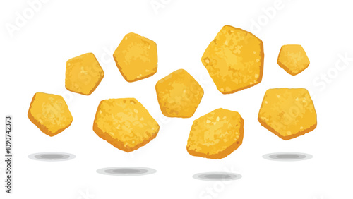 Crispy irregular golden nuggets floating on a white background, delicious polygonal fried food pieces with subtle shadows, dynamic movement, vibrant.
