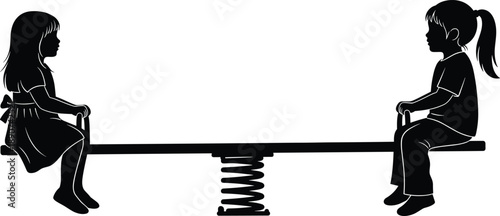 Silhouette of two young girls playing on a seesaw spring rider in a park playground isolated on white background vector.