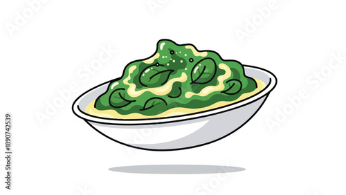 Vibrant green food illustration in white bowl with creamy sauce and leafy details, fresh wholesome culinary visual in clean appealing cartoon style