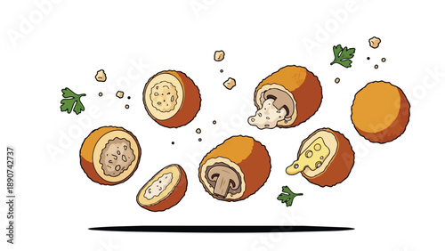 Assortment of crispy breaded appetizers with savory fillings dynamic food illustration