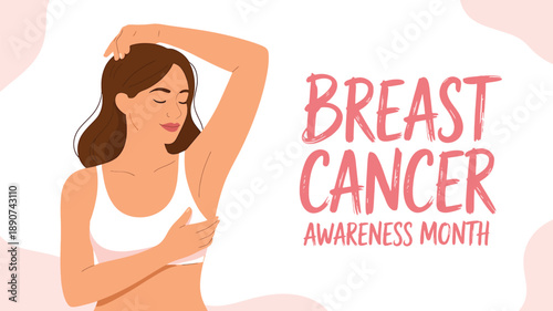 Woman in white bra checking underarm with breast cancer awareness month text female