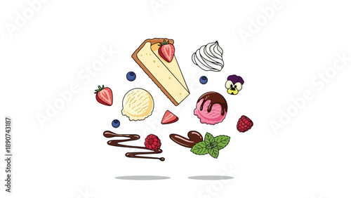 Vibrant Collection of Deconstructed Dessert Elements Featuring Cake, Ice Cream, and Fruit
