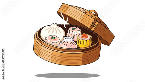 Vivid illustration of an authentic bamboo steamer filled with various traditional asian dim sum and fluffy bao buns showcasing delightful culinary