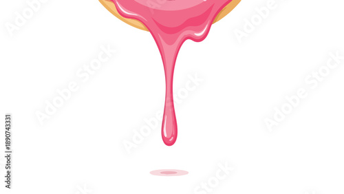 A vibrant pink confectionery glaze cascades elegantly downward, creating a smooth, enticing drip from a sweet pastry, against pure white backdrop.