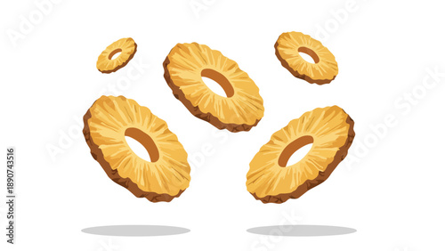 A vibrant illustration of golden dried pineapple rings gracefully floating and casting subtle shadows on a pristine white background evoking a