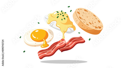 Vibrant Breakfast Illustration with Floating Eggs Bacon and Toast Delicious Morning Meal Concept