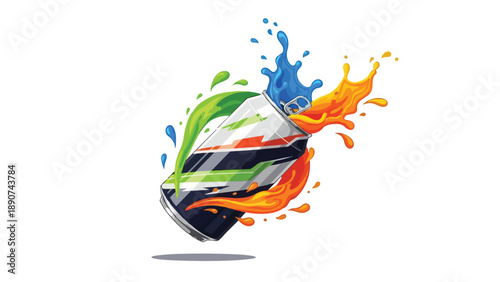 Explosion of refreshing colorful liquid from a modern styled beverage can, creating a dynamic visual spectacle of vibrant splashes and effervescent