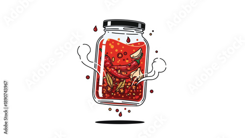 Vibrant handcrafted chili sauce with garlic and aromatic spices simmering in a glass jar a culinary delight