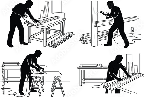 Carpenter woodworking illustrations cutting, drilling and sanding wood, craftsmen using power tools in workshop, carpentry process isolated