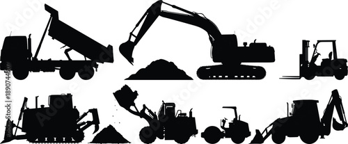 Construction vehicles silhouette collection, excavator dump truck forklift bulldozer loader heavy machinery isolated on white background illustration