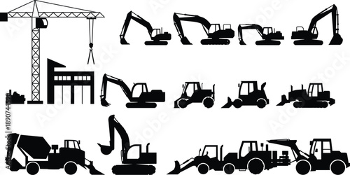 Construction vehicles silhouettes, bulldozer, backhoe loader, excavator, mobile crane, compact excavator, tracked excavator, heavy machinery, earthmoving equipment