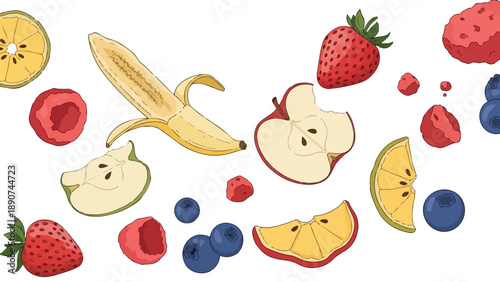 Vibrant illustration of fresh fruits: strawberries, banana, apple, citrus, and blueberries scattered on white