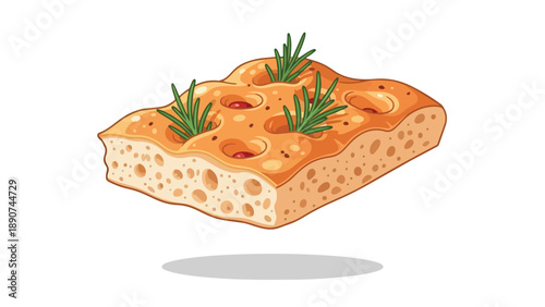 Digital illustration of golden focaccia bread, topped with fresh rosemary and savory olives, portraying bakery charm.