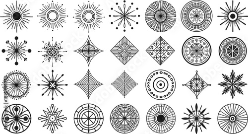 Abstract geometric mandala and sunburst symbol collection with celestial sacred patterns and intricate radial line art