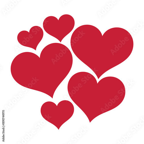 A graphic illustration of red hearts on a white background for Valentine's Day or love-themed designs