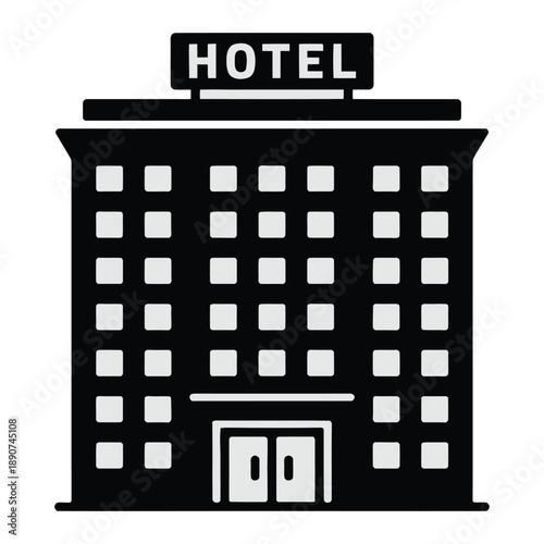 A simple black and white illustration of a hotel building with a sign on top