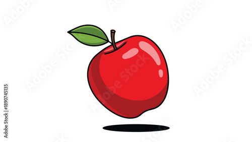 A vibrant red apple with green leaf and stem floating above its shadow on a pure white background showcasing a classic fruit illustration