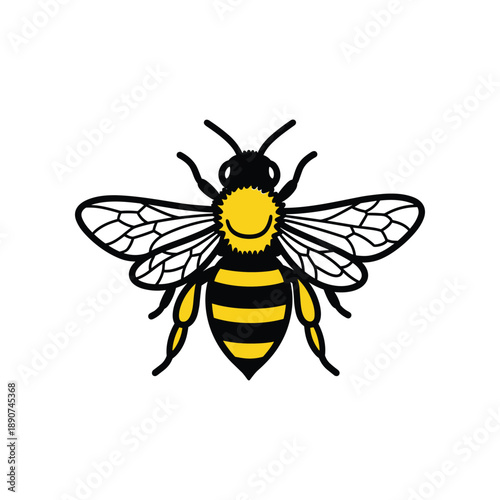 Happy bee with smiling face and yellow stripes on white background