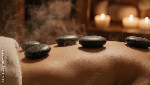 Hot stones on a back during a spa treatment.  Steam rises from the stones. Soft, warm lighting