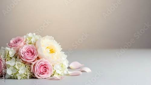 A beautifully arranged bouquet of pink and white flowers, likely a gift for Mother’s Day. The bouquet includes roses and other delicate flowers, tied with a pink ribbon.