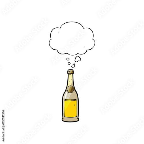 Bottle of champagne with thought bubble above it