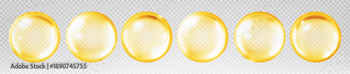 Gold oil bubbles isolated on transparent background. Cosmetic vitamin capsule or omega 3 oil capsule. Serum of collagen essence. Cosmetic and personal care concept. Vector realistic