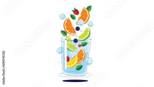 Dynamic summer refreshment with vibrant citrus slices, fresh berries, cool ice cubes, and refreshing mint leaves creating a perfect healthy beverage