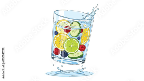 Vibrant detox drink illustration with fresh fruit slices and a refreshing water splash for healthy hydration