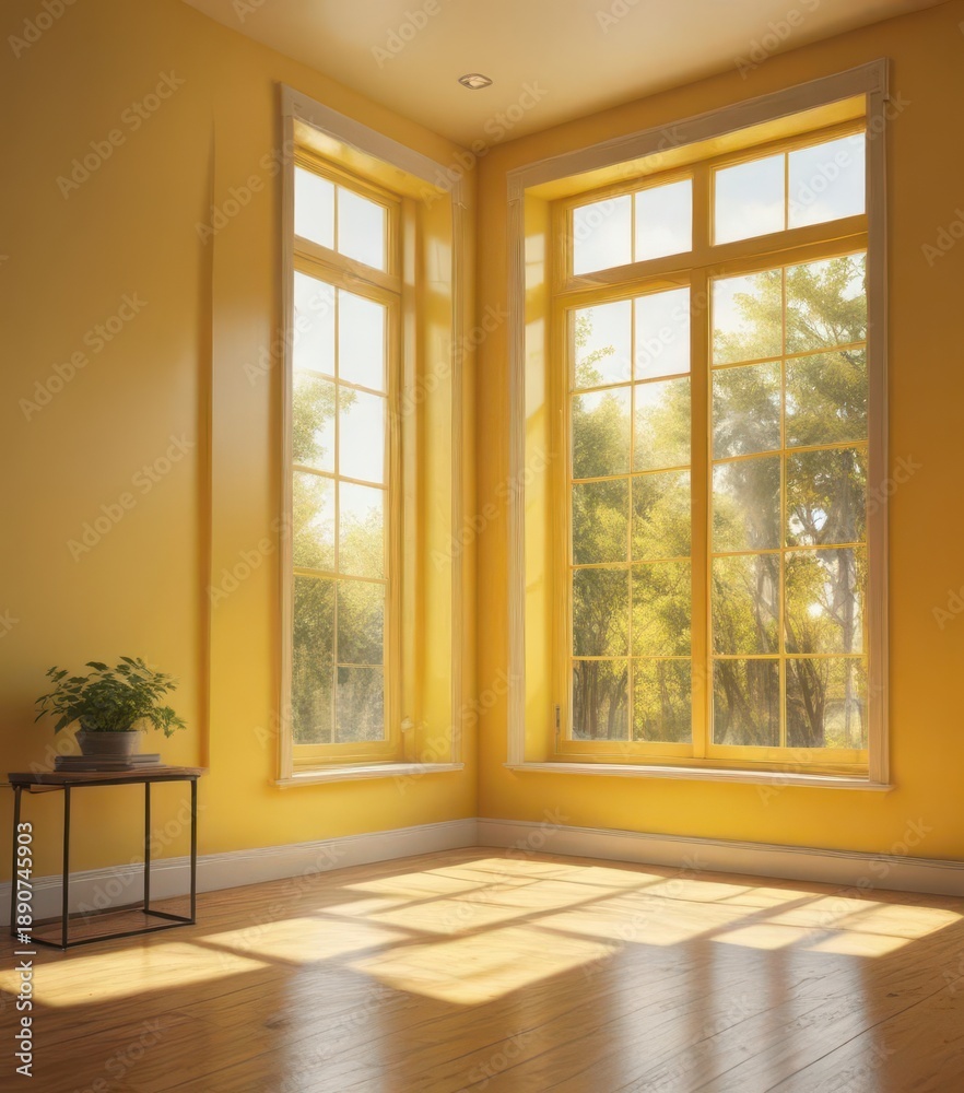 Fototapeta premium Bright yellow room with natural sunlight pouring through a large window on a sunny day , interior, sunlit