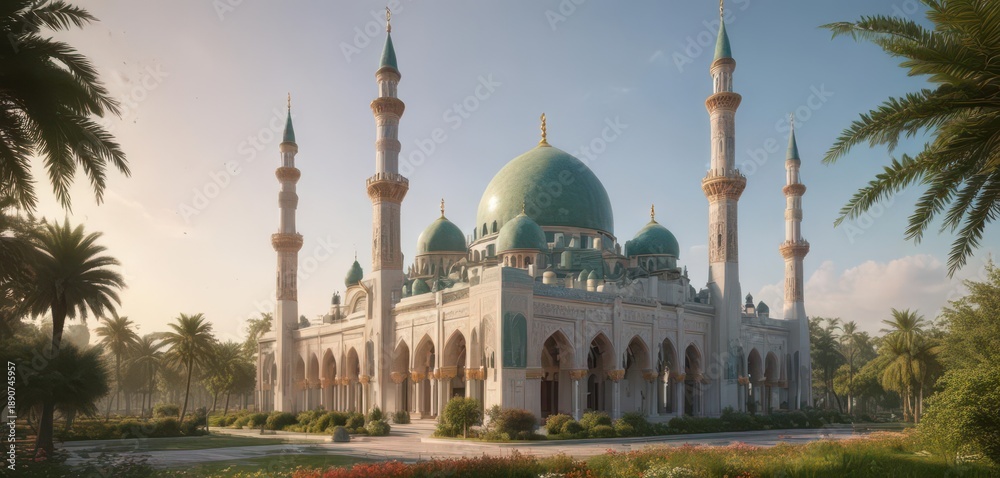 Fototapeta premium Colorful grand mosque with tall domes and slender minarets surrounded by lush greenery, mosque, dome