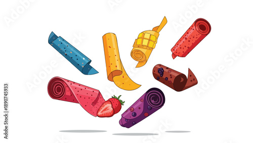 Vibrant array of fruit leather rolls depicting wholesome and colorful delicious healthy treats