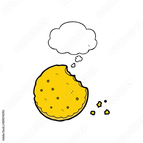 A partly eaten cookie with a thought bubble