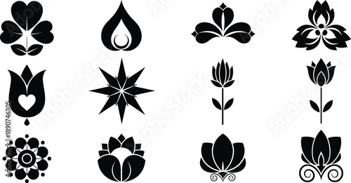 Decorative floral and symbolic vector icon set with lotus hearts stars and ornamental black silhouettes