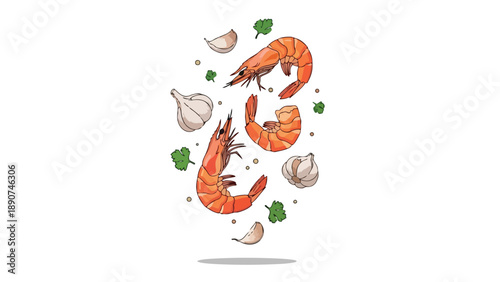 Vibrant culinary ingredients falling beautifully fresh shrimp garlic cloves aromatic parsley a delightful composition for delicious seafood cooking