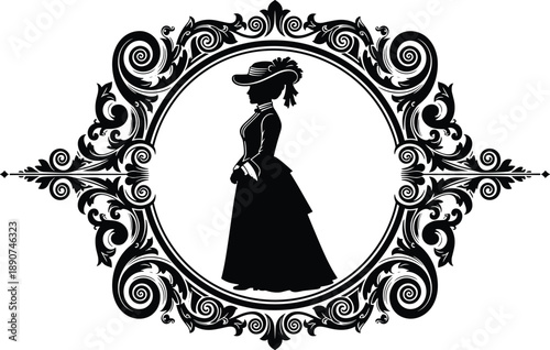 Vintage Victorian lady silhouette in ornate baroque floral frame, antique black and white elegant woman profile vector illustration for scrapbooking