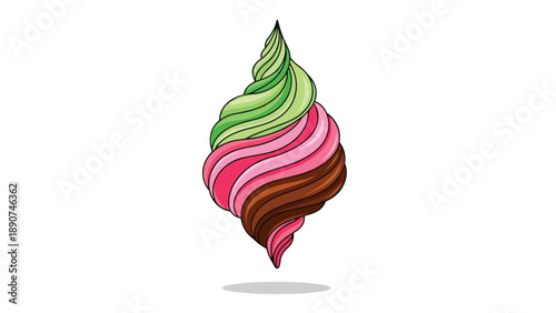 An appealing abstract digital artwork portraying a delicious-looking spiraling dessert swirl composed of vibrant green light pink and rich brown