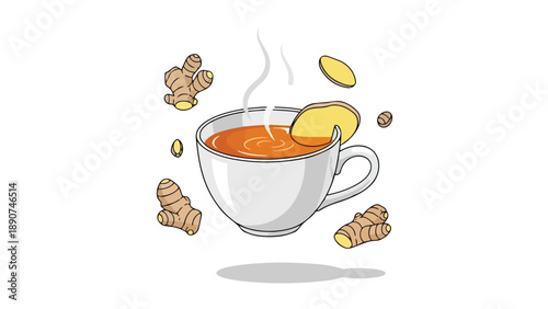 Warm comfort brew: Steaming ginger beverage with fresh root elements. Invigorating and natural.