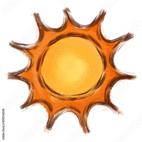 オレンジとイエローの手描き水彩風太陽アイコン 放射状の光を持つ暖色サンモチーフ ベクター透過イラスト/Hand Painted Watercolor Style Sun Icon in Orange and Yellow with Radiating Rays Vector Illustration on Transparent Background