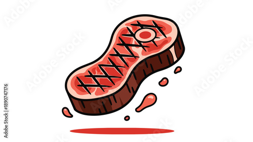 A vibrant cartoon illustration of a perfectly grilled steak featuring distinct char marks and sizzling juice drops creating an appetizing visual.