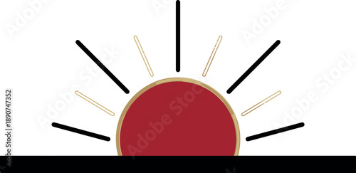 Stylized rising sun semicircular icon with rays in red and gold vector illustration.