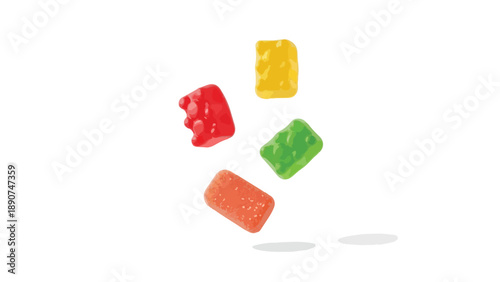 Vibrant red yellow green orange gummy candies floating playfully with one bitten piece, a minimalist confectionery design on a clean white background