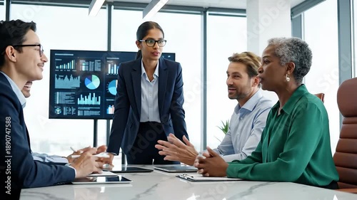 Diverse business professionals engage in a productive meeting, collaborating on data analysis and strategic planning in a modern corporate office, with a female leader presenting insights on a large .