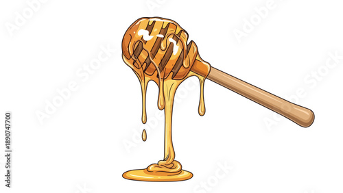 Golden viscous liquid flows elegantly from a wooden apiary tool creating a sweet natural cascade against a pristine white backdrop a perfect emblem