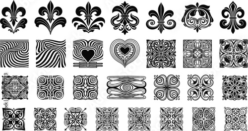Decorative ornamental pattern vector set with fleur de lis symbols and intricate geometric square designs isolated on white background illustration