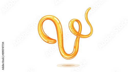 A captivating golden fluid ribbon artfully curves into a distinctive V-shape, glistening with a viscous texture and an inviting amber hue on a pure