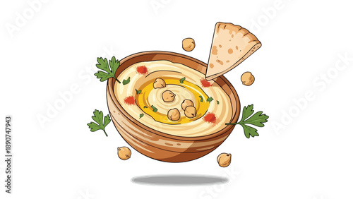 Vibrant vector creamy hummus in a rustic bowl, garnished with olive oil, chickpeas, red spice, fresh parsley, served with a pita slice. Healthy