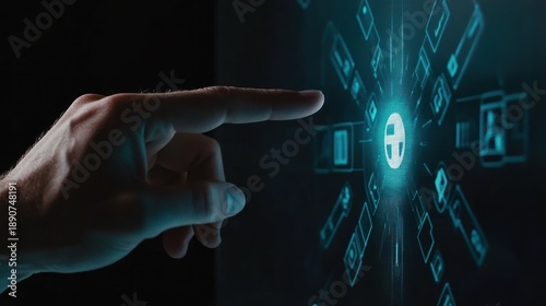 Hand Interacting with Futuristic Digital Interface.