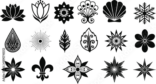 Decorative floral and geometric silhouette vector set with ornamental botanical symbols isolated on white background illustration