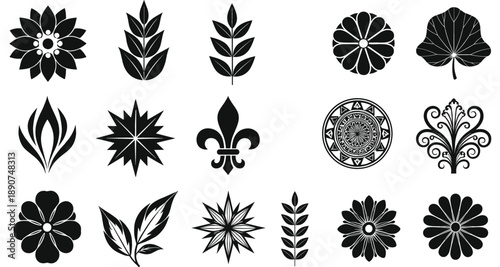 Decorative floral and geometric vector icon set with botanical leaves mandalas and ornamental black silhouettes